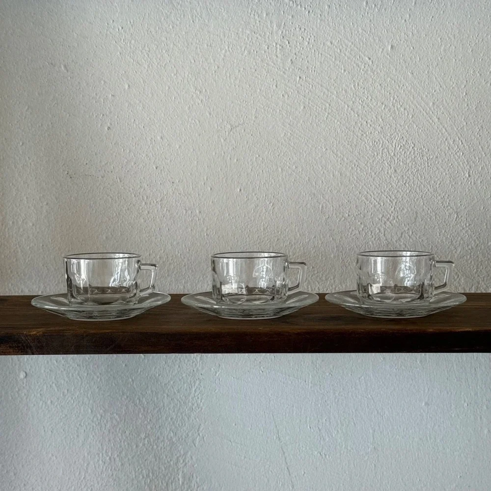 7pc Vintage Arcoroc Petale Clear Glass Tea Cup & Saucer France Set of 3 + 1 Free